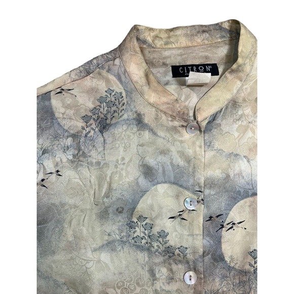 Citron Santa Monica 100% Silk Asian Inspired Landscape Print Blouse Size Large - Picture 3 of 6